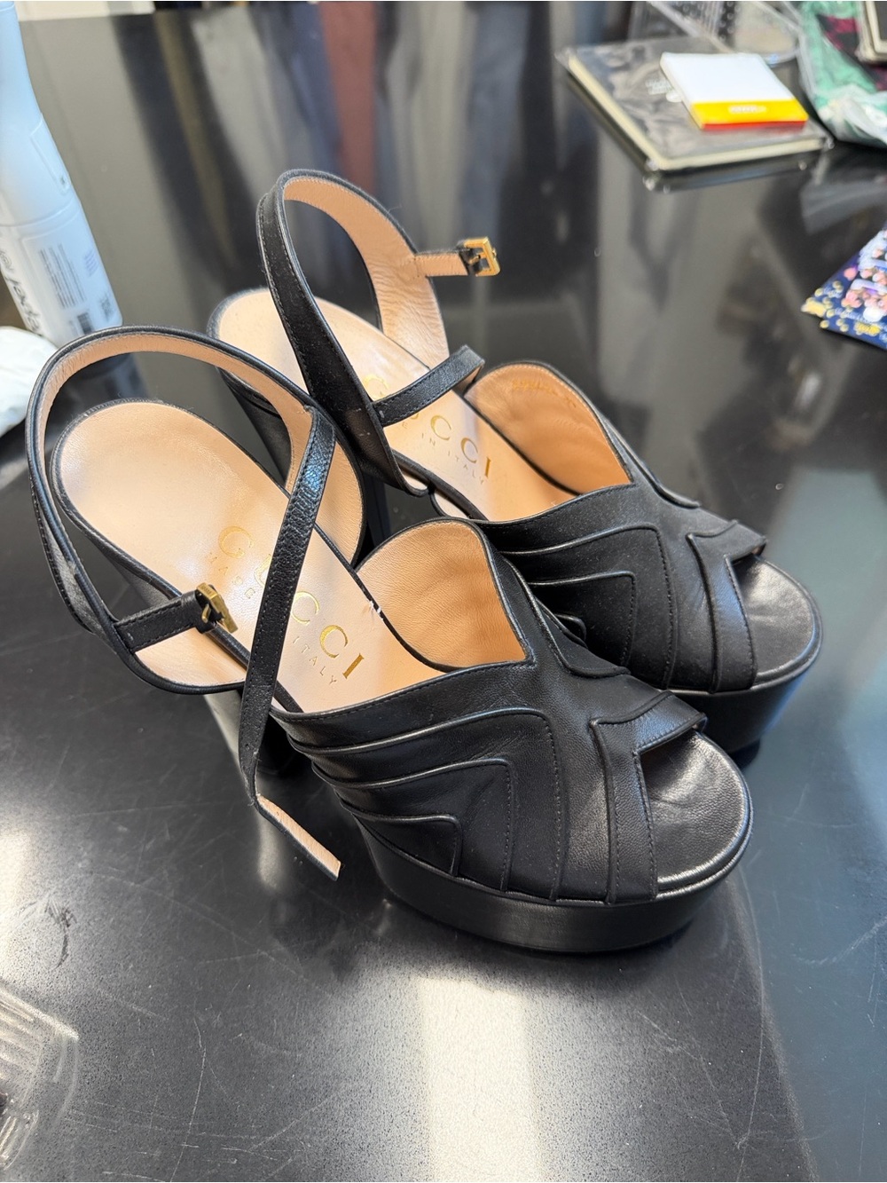 Gucci Black Leather Platform Slingback Sandals